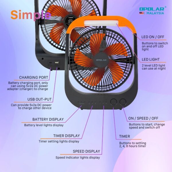 Opolar Rechargeable Desk Fan With LED Light (20000mAh/8") F681 - Image 4